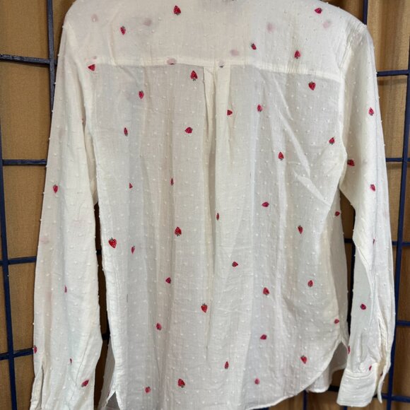 LOFT White Swiss Dot Strawberry Embroidered Button Up Shirt XS - Picture 3 of 7